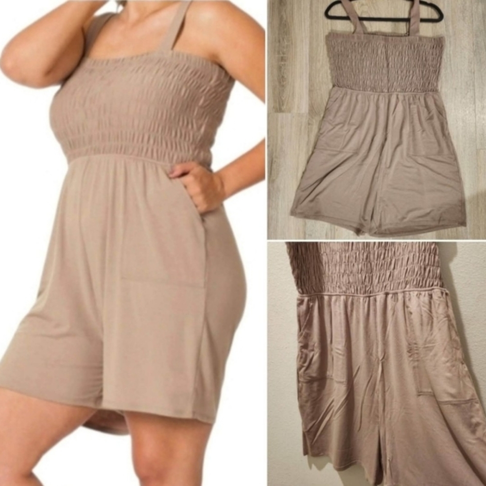 Zenana PLUS SIZE SMOCKED TOP ROMPER WITH POCKETS